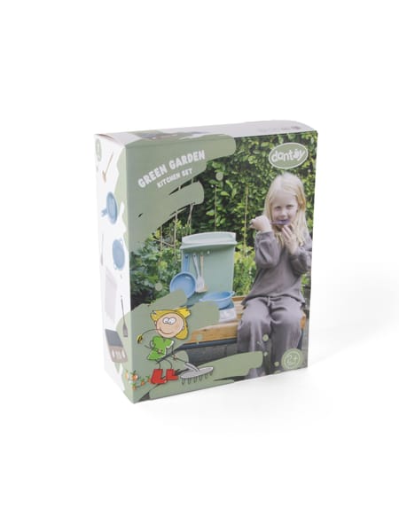 Grøn og blå køkkengaveæske med illustration på forsiden og naturlig havebaggrund.